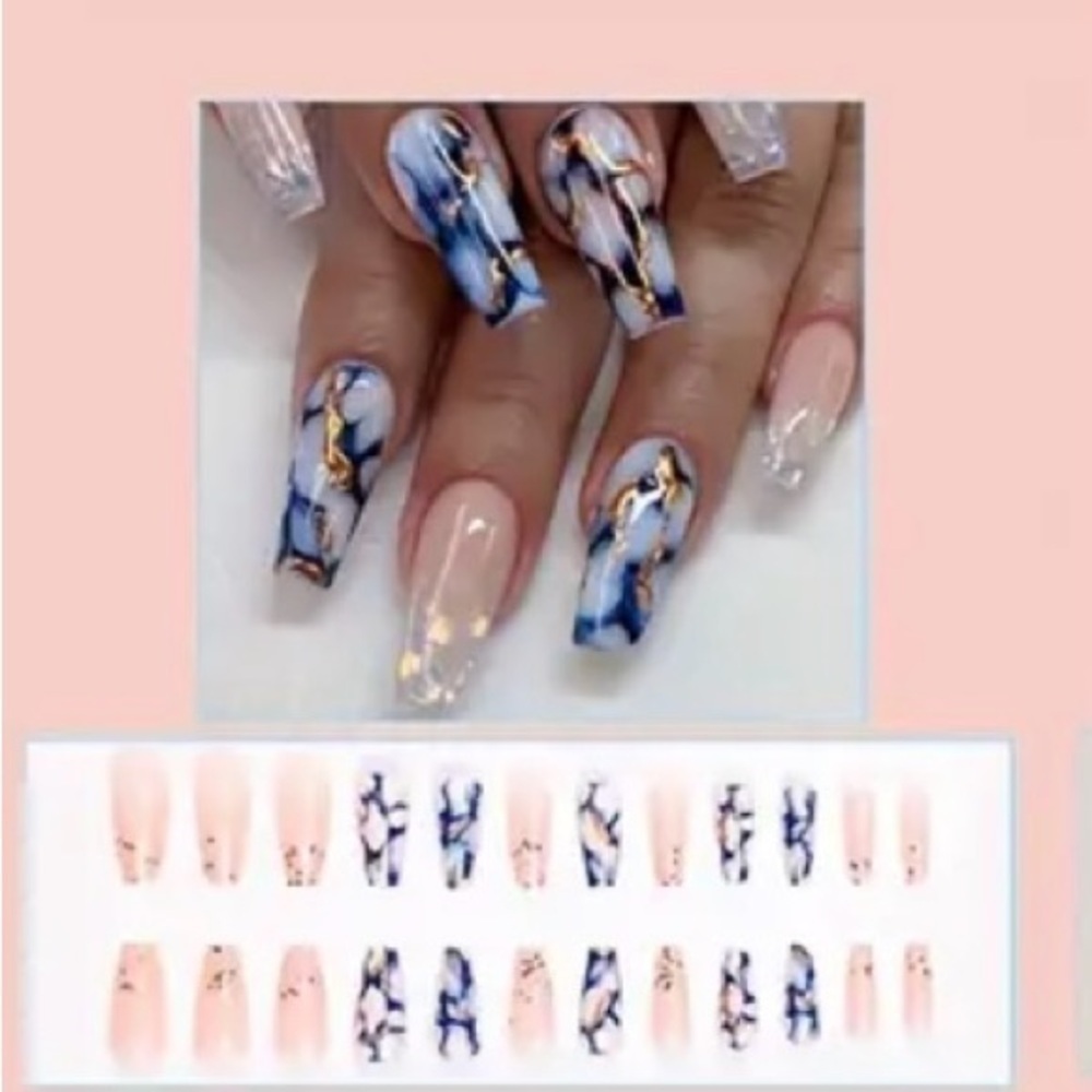 Blue & Gold Marbled Fake Press On Nails NWT - Picture 2 of 8